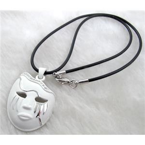 lacquered mask Necklace, alloy, rubber cord, white, 30x42mm, 16 inch length [FGNK21C03-A1749]