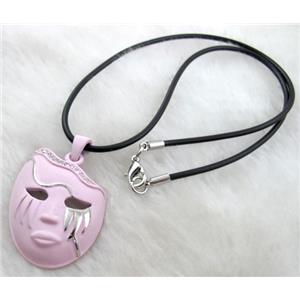 lacquered mask Necklace, alloy, rubber cord, pink, 30x42mm, 16 inch length [FGNK21C04-A1749]