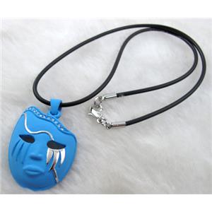 lacquered mask Necklace, alloy, rubber cord, blue, 30x42mm, 16 inch length [FGNK21C05-A1749]