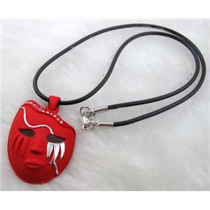 lacquered mask Necklace, alloy, rubber cord, red, 30x42mm, 16 inch length [FGNK21C06-A1749]
