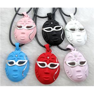 lacquered mask Necklace, alloy, rubber cord, mixed, 28x45mm, 16 inch length [FGNK22-A1748]