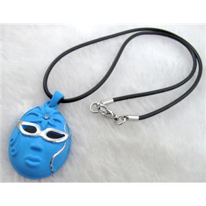 lacquered mask Necklace, alloy, rubber cord, blue, 28x45mm, 16 inch length [FGNK22C02-A1748]