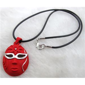 lacquered mask Necklace, alloy, rubber cord, red, 28x45mm, 16 inch length [FGNK22C03-A1748]
