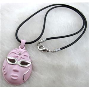 lacquered mask Necklace, alloy, rubber cord, pink, 28x45mm, 16 inch length [FGNK22C04-A1748]