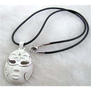 lacquered mask Necklace, alloy, rubber cord, white, 28x45mm, 16 inch length [FGNK22C05-A1748]