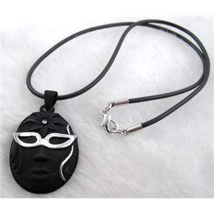 lacquered mask Necklace, alloy, rubber cord, black, 28x45mm, 16 inch length [FGNK22C06-A1748]
