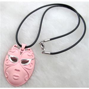 lacquered mask Necklace, alloy, rubber cord, 30x45mm, 16 inch length [FGNK23C01-A1754]
