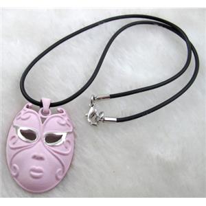 lacquered mask Necklace, alloy, rubber cord, pink, 30x45mm, 16 inch length [FGNK23C02-A1754]