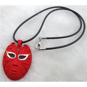 lacquered mask Necklace, alloy, rubber cord, red, 30x45mm, 16 inch length [FGNK23C03-A1754]