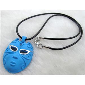 lacquered mask Necklace, alloy, rubber cord, blue, 30x45mm, 16 inch length [FGNK23C04-A1754]