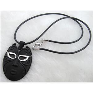 lacquered mask Necklace, alloy, rubber cord, black, 30x45mm, 16 inch length [FGNK23C05-A1754]