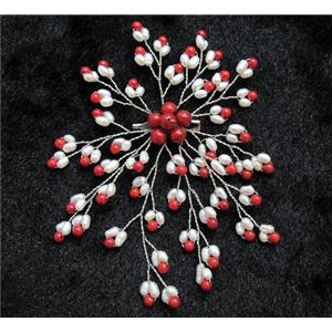handmade brooch with freshwater pearl, red coral beads, approx 84x110mm [FGOTH35]