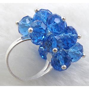handcraft Crystal glass ring, blue, ring:18mm dia, glass bead:8mm [FGR01C01]