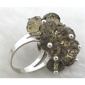 handcraft Crystal glass ring, smoky, ring:18mm dia, glass bead:8mm [FGR01C02]