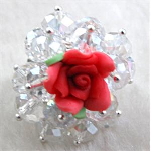 fimo clay ring with crystal glass, red, 30x35mm,ring:20mm, flower:16mm [FGR02C01]