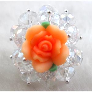 fimo clay ring with crystal glass, orange, 30x35mm,ring:20mm, flower:16mm [FGR02C02]