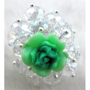 fimo clay ring with crystal glass, green, 30x35mm,ring:20mm, flower:16mm [FGR02C03]