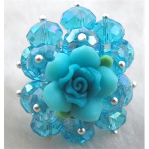 fimo clay ring with crystal glass, blue, 30x35mm,ring:20mm, flower:16mm [FGR02C04]