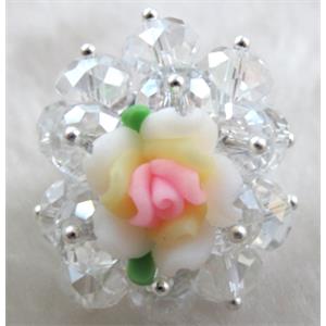 fimo clay ring with crystal glass, colorful, 30x35mm,ring:20mm, flower:16mm [FGR02C05]
