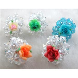 fimo clay ring with crystal glass, mixed color, 30x35mm,ring:20mm, flower:16mm [FGR02MIX]