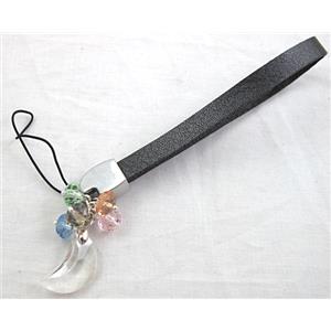 Mobile phone cord, String hanger PU leather, Crystal moony Pendant, 14cm(5.5 inch ) length, glass bead:8mm [FGSH014C01]