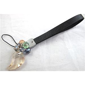 Mobile phone rope, String hanger PU leather, Crystal Pendant, 14cm(5.5 inch ) length, glass bead:8mm [FGSH014C03]