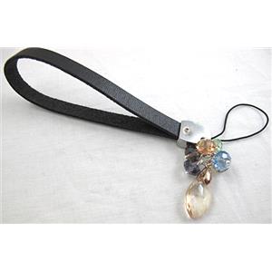 cell phone cord, String hanger PU leather, Crystal Pendant, 14cm(5.5 inch ) length, glass bead:8mm [FGSH014C04]