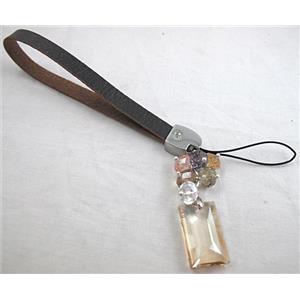 cellphone strap, String hanger PU leather, Crystal Pendant, 14cm(5.5 inch ) length, glass bead:8mm [FGSH014C06]