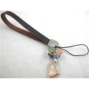 mobile phone strap, String hanger PU leather, Crystal Pendant, 14cm(5.5 inch ) length, glass bead:8mm [FGSH014C09]