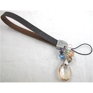 Mobile phone rope, String hanger PU leather, Crystal Teardrop, 14cm(5.5 inch ) length, glass bead:8mm [FGSH014C10]