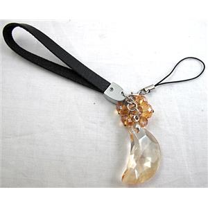 cellphone strap, String hanger PU leather, Crystal moony Pendant, 14cm(5.5 inch ) length, glass bead:8mm [FGSH014C11]
