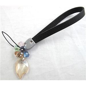 Mobile phone rope, String hanger PU leather, Crystal Pendant, 14cm(5.5 inch ) length, glass bead:8mm [FGSH014C14]