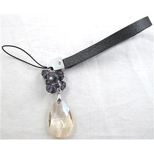 Mobile phone rope, PU leather, Crystal Faceted Drop, 14cm(5.5 inch ) length, glass bead:8mm [FGSH014C15]
