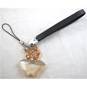 cellphone strap, String hanger PU leather, Crystal Butterfly Pendant, 14cm(5.5 inch ) length, glass bead:8mm [FGSH014C17]