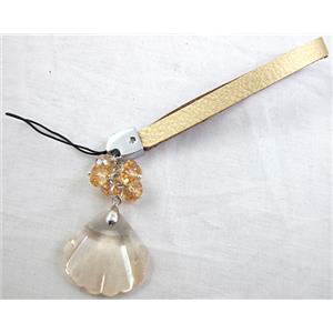 Mobile phone rope, String hanger PU leather, Crystal Pendant, Fan, 14cm(5.5 inch ) length, glass bead:8mm [FGSH014C19]