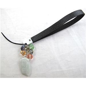 Mobile phone rope, PU leather, Jade Pendant, 14cm(5.5 inch ) length, glass bead:8mm [FGSH014C20]