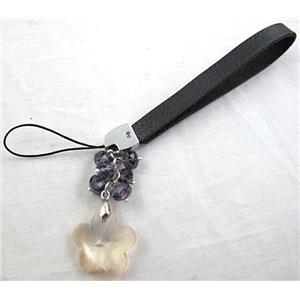 cellphone strap, PU leather, Crystal Flower Pendant, 14cm(5.5 inch ) length, glass bead:8mm [FGSH014C21]