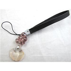Mobile phone cord, String hanger PU leather, Crystal Fan Pendant, 14cm(5.5 inch ) length, glass bead:8mm [FGSH014C22]