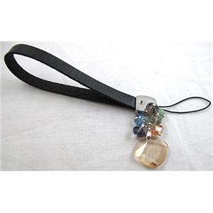 Mobile phone rope, String hanger PU leather, Square Crystal Pendant, 14cm(5.5 inch ) length, glass bead:8mm [FGSH014C23]