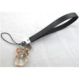 mobile phone strap, String hanger (PU) leather, Heart Crystal Pendant, 14cm(5.5 inch ) length, glass bead:8mm [FGSH014C24]