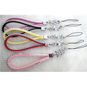 Mobile phone rope, String hanger, suede with 1 row rhinestone, mix, 4mm wide, 17cm length, 1row rhinestone [FGSH015]