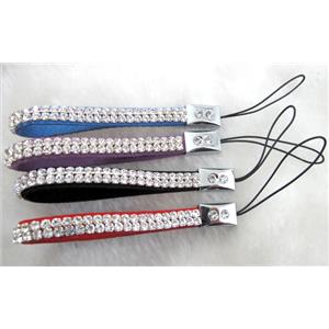 Mobile phone rope, String hanger, suede with 2 row rhinestone, mix, 8mm wide, 17cm length, 2rows rhinestone [FGSH016]