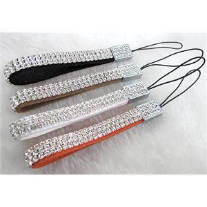 Mobile phone rope, String hanger, suede with 3 row rhinestone, mix, 11mm wide, 17cm length, 3rows rhinestone [FGSH017]