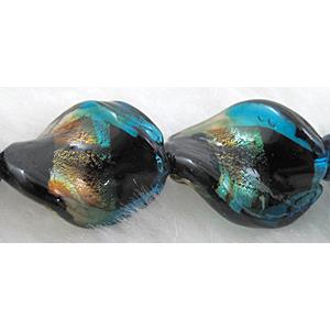 dichromatic lampwork glass beads with gold foil, twist, peacock-blue, 20x30mm, 13pcs per st [FGTW01C01-20X30MM]