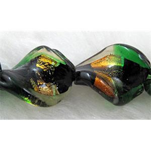 dichromatic lampwork glass beads with gold foil, twist, green, 16x20mm, 20pcs per st [FGTW01C04]