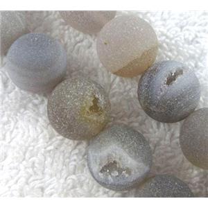 agate bead with geode, druzy, matte, round, grey, approx 14mm dia, 27pcs per st [GAS1078-14MM]