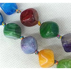 Agate stone beads, corner-drilled cube, mixed color, approx 14mm dia [GAS634]