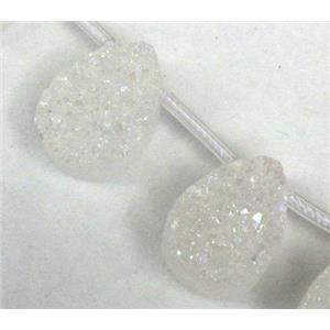 Agate Druzy beads, teardrop, white AB-Color electroplated, approx 13x18mm, 10pcs per st [GAS929-13X18MM]