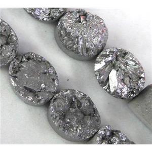 Agate Druzy beads, oval, silver electroplated, approx 12x16mm, 12pcs per st [GAS939-12X16MM]
