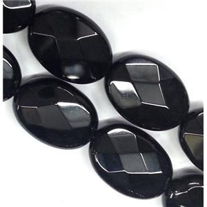 black onyx bead, faceted flat oval, approx 10x14mm [GMBA25-10X14MM]